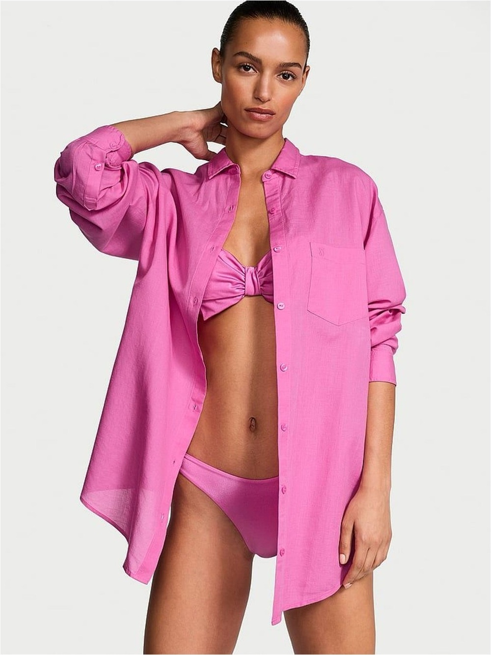 Victoria’s Secret Swim Pink Beach Cover Up Shirt Large, Hot Pink Linen Blend